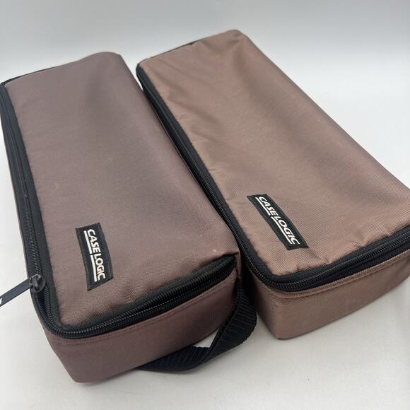 Lot 2 Case Logic 15 Cassette Tape Storage Case Wrist Strap Brown Nylon Tote 12" - Picture 2 of 5